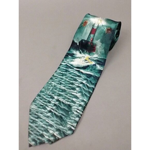 Steven Harris SHINING LIGHTHOUSE Polyester 57" Green  Neck Tie - Picture 1 of 9